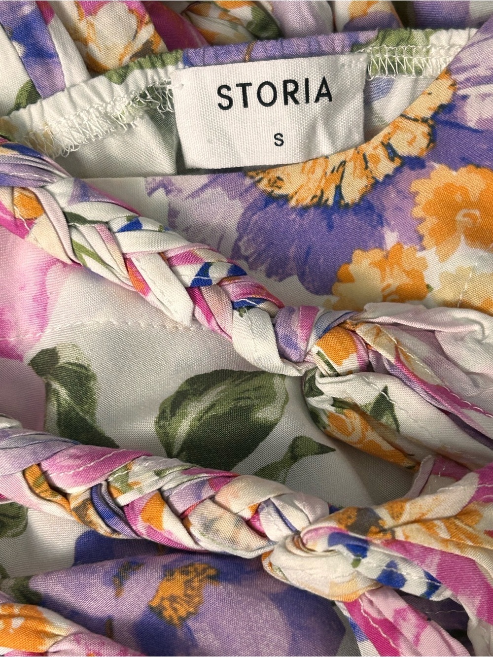 STORIA Floral Mini Dress Small Braided Belt Boho Cottagecore Sundress - Picture 10 of 12